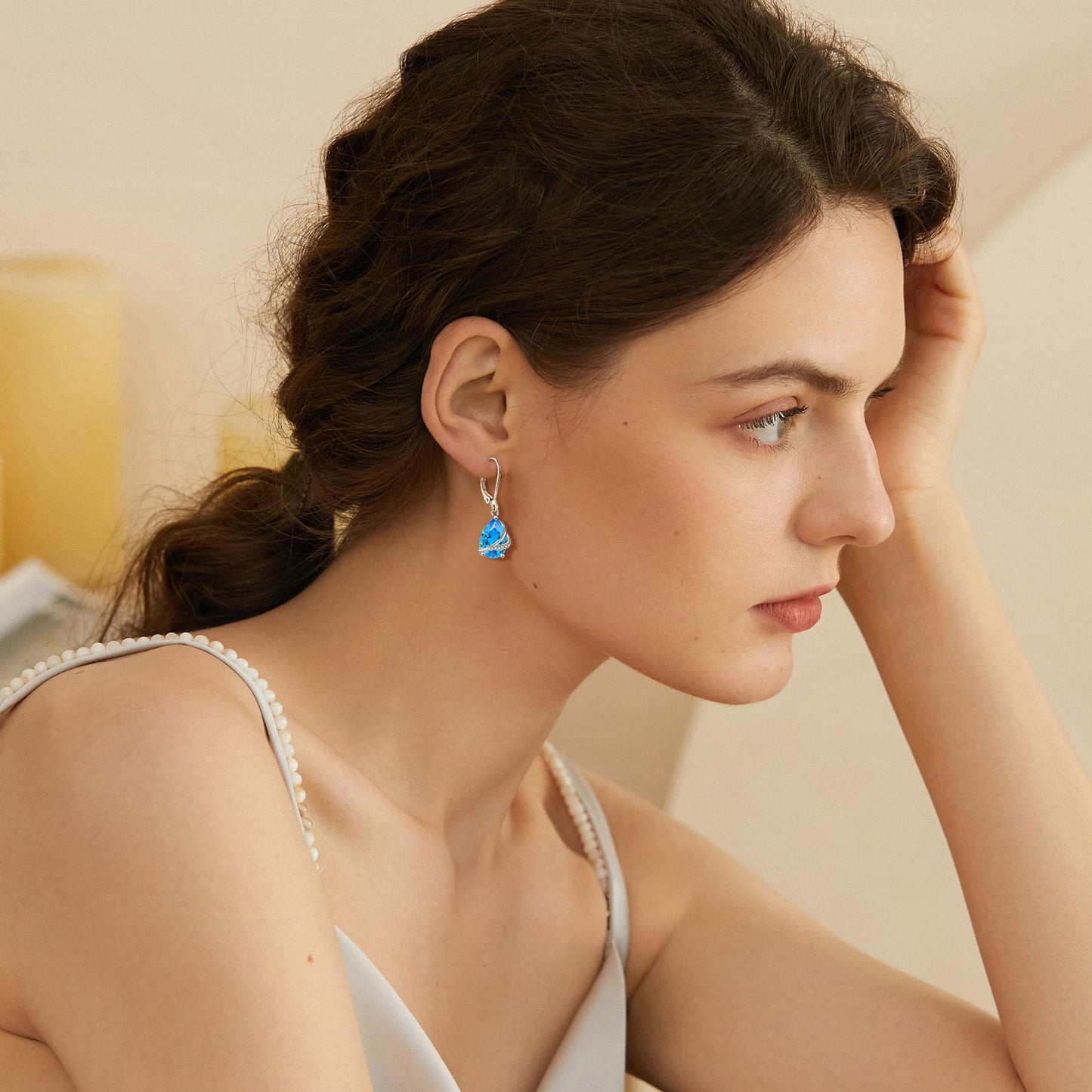 Rocayi Teardrop Aquamarine Earrings 925 Sterling Silver Dangle Drop Earrings March Birthstone Jewelry for Women