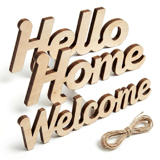 3 Pack Unfinished Poplar Wood Word Cutouts for Crafts, Hello Home Welcome with 6 Twine Strings, 5mm Thick Wooden Words for Wreath Making, Front Door Decor, Wall Decor & DIY Painting