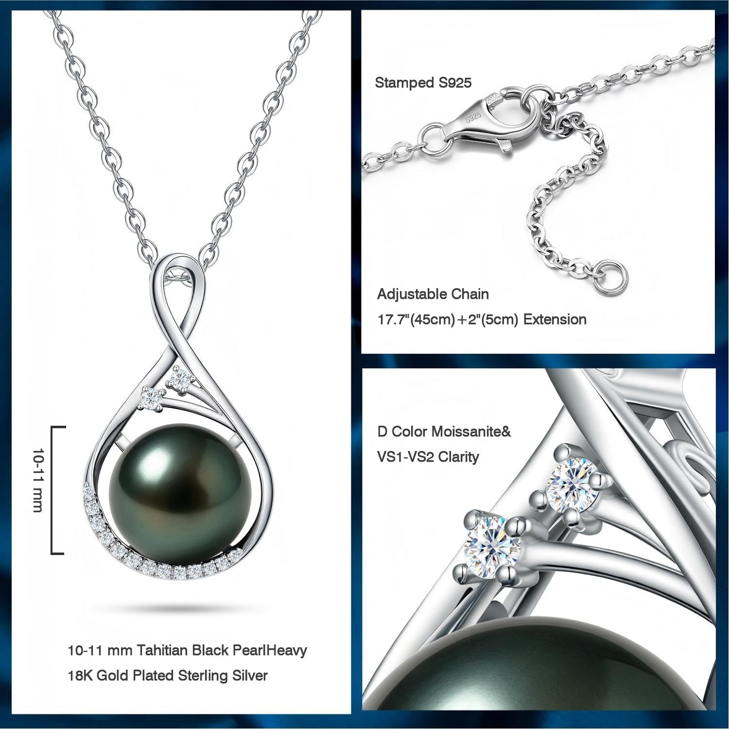 Genuine Tahitian Black Pearl Necklace - 10-11mm Seawater Pearl with Sterling Silver Infinity Moissanite Pendant, Mother Day Gift for Wife Mom Daughter, Jewelry Gifts for Anniversary Wedding Birthday