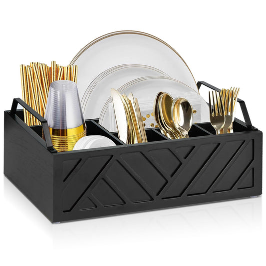 Ukonvi Paper Plate Dispenser and Holder for Kitchen Counter, Wood Rustic Silverware Utensil Caddy, Cutlery Flatware Organizer Box for Cups Spoons Forks Napkins, Kitchen Accessories