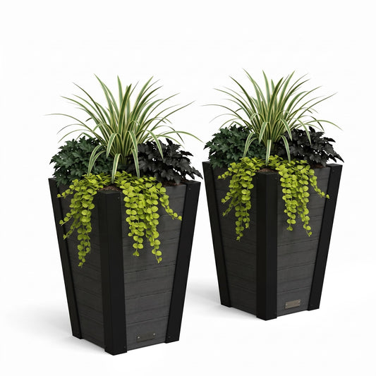 Mayne Vista 22in Outdoor Planter 2-Pack- Modern Tall Tapered Design with Drainage Hole for All Season Use - Ideal Front Porch Decor & Patio Planter - Easy Assembly