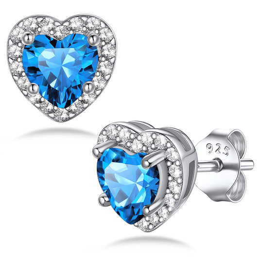 Bestyle CZ Heart Diamond Stud Earrings 5mm December Blue Topaz Birthstone Solitaire Earrings, 925 Sterling Silver Earrings Jewelry Gift for Wedding Anniversary Birthday