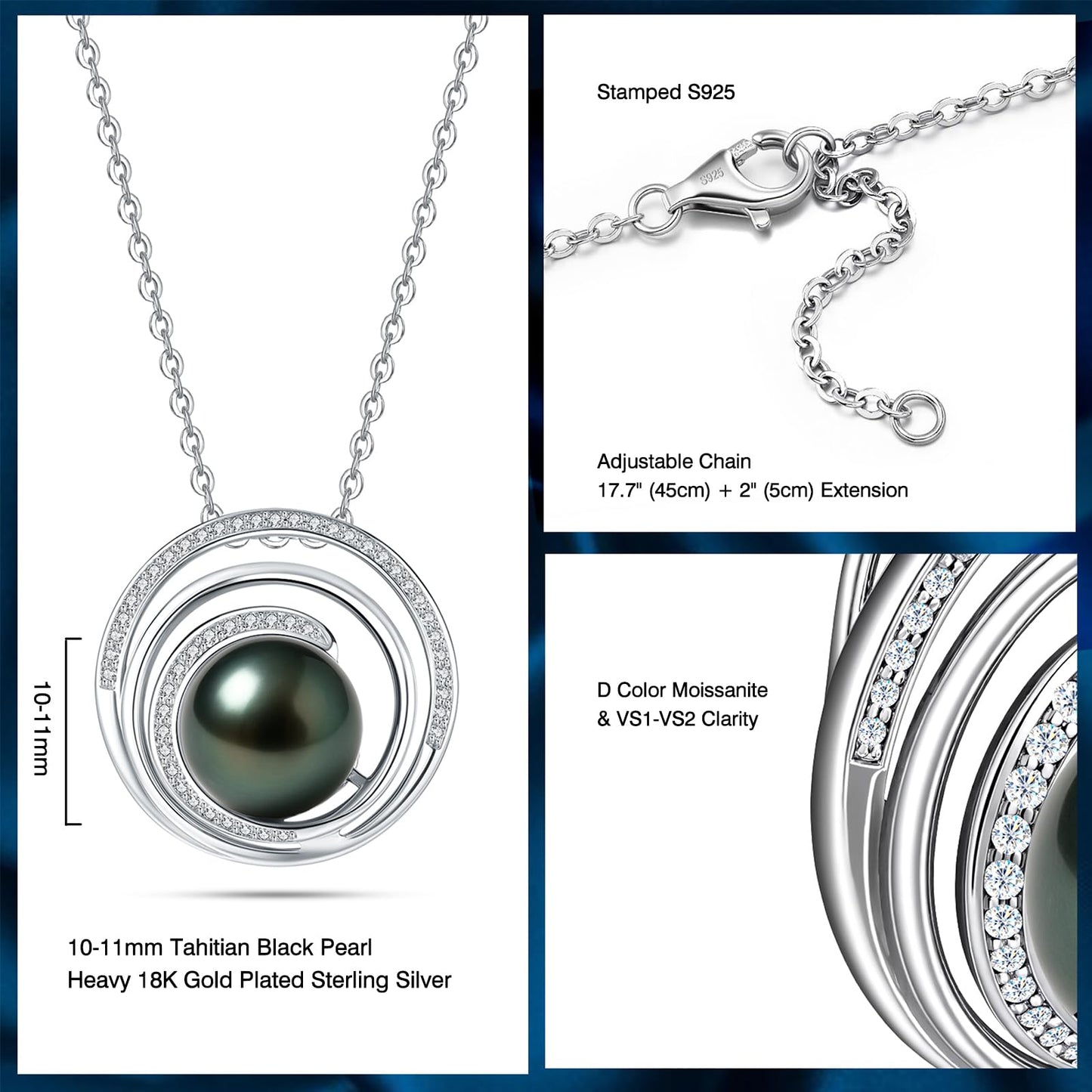 Natural Tahitian Black Pearl Necklace Christmas Gift for Women Wife Mom Daughter, Jewelry Gifts for Wedding Anniversary Birthday, 10-11mm Seawater Pearl with Sterling Silver Moissanite Circle Pendant