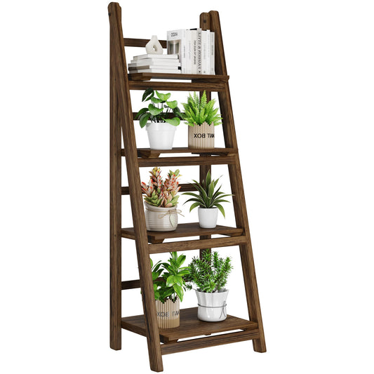 Mugovelo Ladder Shelves - Folding Wooden Ladder Bookshelf, 4-Tier Retro Plant Stand Storage Shelves for Home Living Room, Brown
