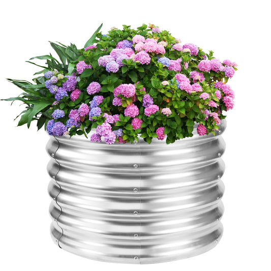 YSEJOMP 17" Tall Round Outdoor Garden Raised Garden Bed Kits-0.8MM Thick Metal Raised Planter Bed/Ground Planter Box for Variety of Flowers,Herbs,Vegetables,Trees (Silver, 24 Dia X 16.5 inches)