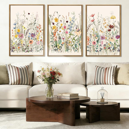 BINCUE Wildflower Wall Art Large Floral Wall Painting Neutral Print Pictures Decor for Living Room Bedroom Bathroom 3 Panel 36x24 Inches