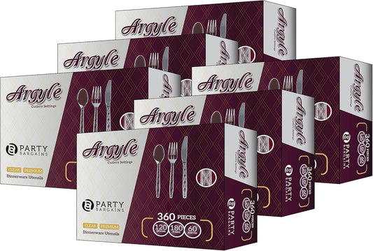 PARTY BARGAINS Argyle Settings Clear Plastic Cutlery Set 720‑Piece – 360 Forks, 240 Spoons, 120 Knives – Heavy‑Duty Disposable Utensils for Parties, Weddings, Buffets, BBQs & Catering – BPA Free