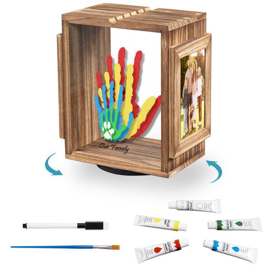 Emfogo 360 Rotating Family Handprint Kit, DIY Craft Keepsake Wooden Frame, Baby Footprint Kit, 5 Paint Colors Included, Non-Toxic Paints&Transparent Sheets, Gifts for Handprint Family Keepsake（Brown