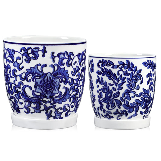 Set of 2 Ceramic Blue and White Plant Pots with Drainage Hole and Saucers, 4.3/5.5 Inches Ceramic Planters Round Flower Pots for Indoor Plants Succulent Cactus Orchid Flower, Indoor Outdoor Decor