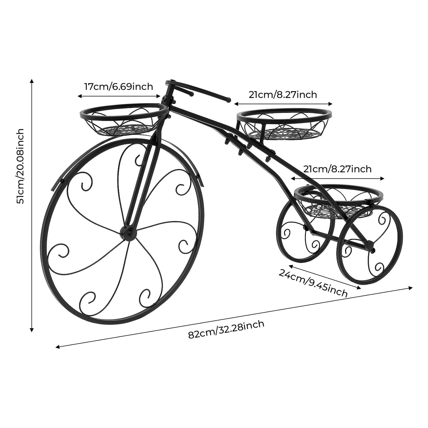 Bicycle Planter Stand, Three-wheeled Plant Stand, Plant Stand, Plant Corner Shelf, Metal Flower Pot Cart Holder with 3 Plant Bucket Outdoor Decorative for Patio, Deck, Garden or Lawn