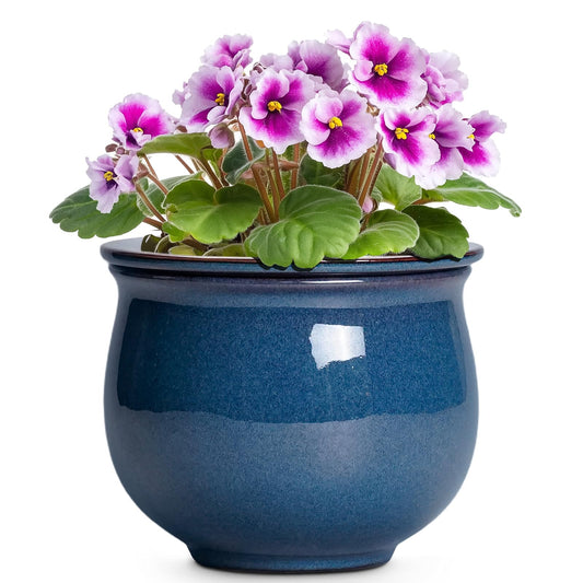 Teagas African Violet Pots, 6 Inch Ceramic Easy Self Watering Pots for Indoor Plant, Round Self Watering Planter with Absorbent Inner Pot, Ceramic Flower Pot, Room Decor, Plant Lover Gift, Retro Blue