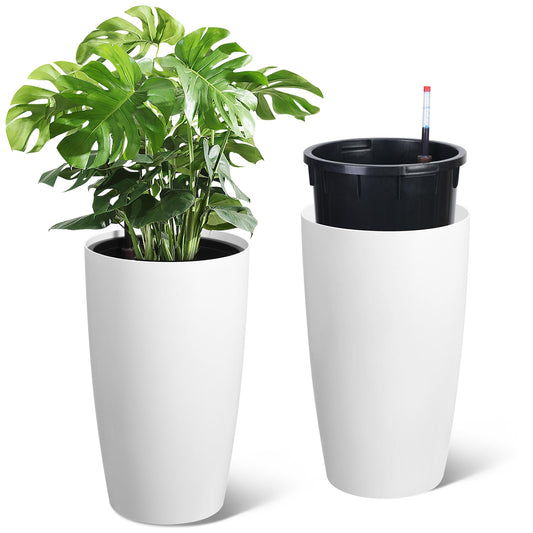 GarveeLife Set of 2 Tall Planters for Outdoor Plants, 22 in Large Planters for Outdoor Indoor Plants with Water Level Monitor ＆ Inner Bucket, Automatic Watering, for Porch, Patio, Backyard, White