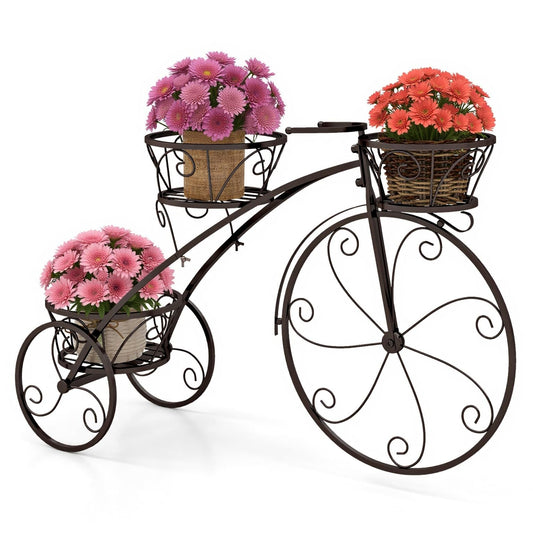 CHEFJOY Metal Bicycle Planter, 3-Tiers Flower Cart Display Stand with 3 Wheels & Iron Baskets, Decorative Cart plant stand for Garden, Patio, Indoor, Outdoor (Bronze)