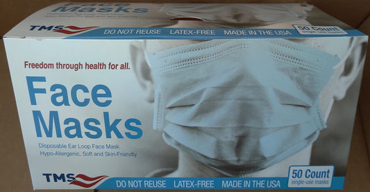 TAIJI Medical Supplies TMS Consumer Series 3-Layer Face Mask by US98, Made in USA F3502 LV2 96% Filtration, Soft, Hypoallergenic and Highly Breathable, Premium Latex-free, Single-Use, 50-Count Box.