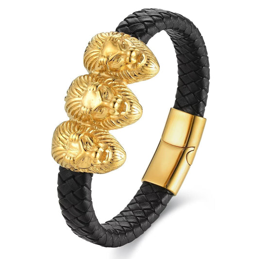 BIYONGDE Mens Black and Gold Lion Bracelet, Braided Black Leather with Gold Color 3 Lion Heads, Stainless Steel Leo ID Identification Bracelet, Masculine and Chunky