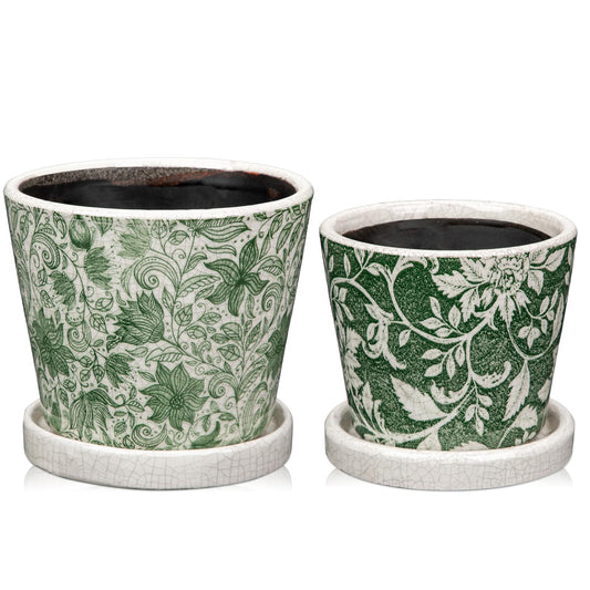 Set of 2 Ceramic Green Plant Pots with Drainage Hole and Saucers, Vintage Farmhouse Accent Planters for Indoor Plants, Round Flower Pots Rustic Succulent Cactus Pots Terracotta Tubs 5.7/4.7 Inch