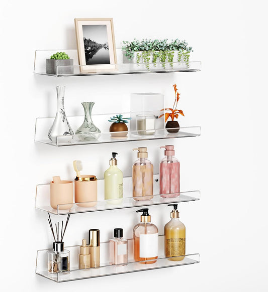 Albumgit 4 Pack Acrylic Wall Shelves - Self-Adhesive 15" Clear Floating Shelf for Home Organization