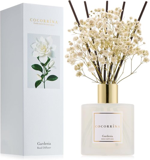 Cocorrína Reed Diffuser - Gardenia Scented 6.7 Fl. Oz Set with Sticks & Baby's Breath Decor