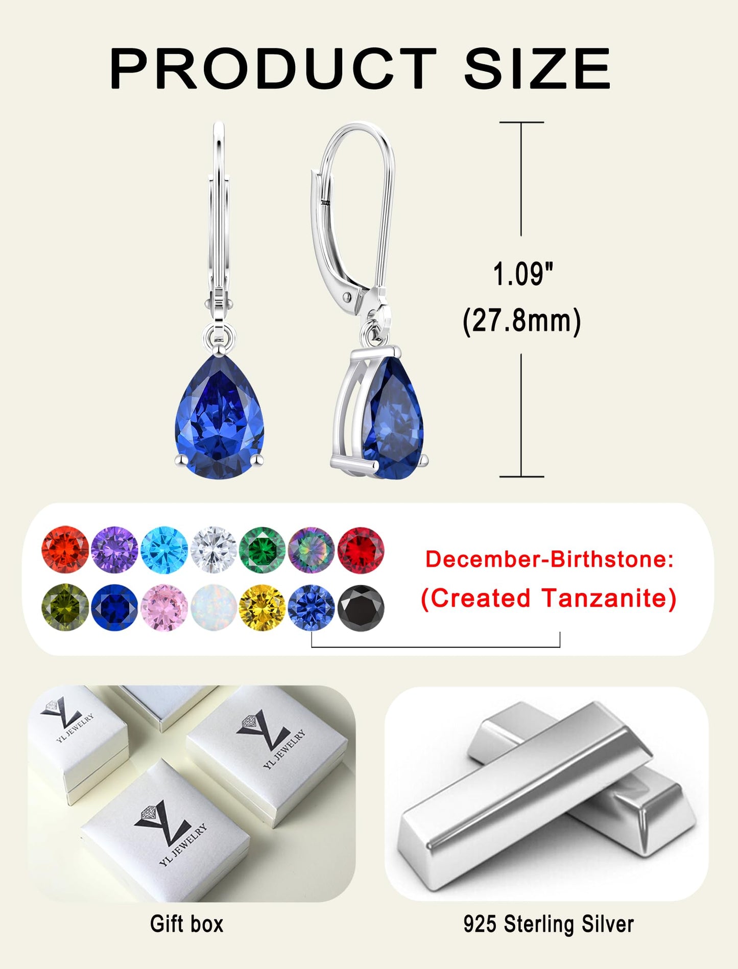 YL 925 Sterling Silver Teardrop Dangle Drop Earrings for Women 7x10 MM Solitaire Created Tanzanite Leverback Jewelry