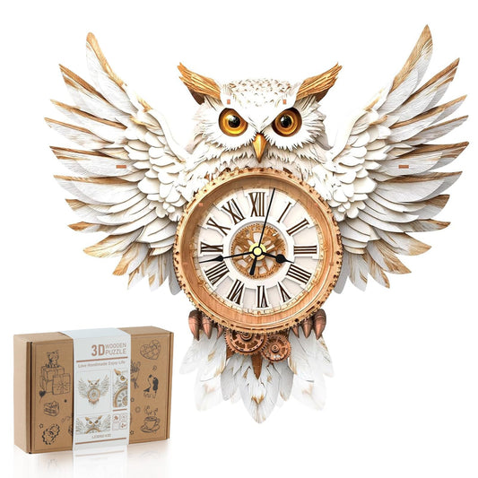 Rnfinewow 3D Wooden Puzzles for Adults, Snowy Owl Clock Kit with Pendulum, Beginner 3D Puzzles Model Kit DIY Crafts for Home Wall Decor Hobbies Birthday Christmas Day Gift for Teens Adults