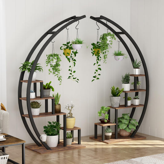 GarveeHome Plant Stand Indoor 5 Tier Tall, 2 Pack Metal Half Moon Plant Shelf for Multiple Plants, Space-Saving Corner Plant Rack, Tiered Flower Stand for Living Room Balcony Bedroom Room Decor,Brown