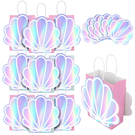 12 Pack Sea Shell Gift Bags For Mermaid Goodie Bags Party Favor Iridescent with Handle for Under The Sea Party Summer Ocean Beach Celebration Supplies