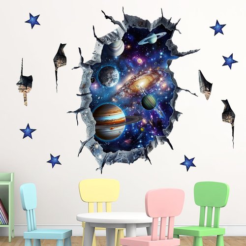 Mfault Outer Space 3D Broken Wall Decals Stickers, Universe Galaxy Planets Stars Nursery Decorations Kids Bedroom Art, Solar System Baby Boys Toddlers Playroom Home Decor