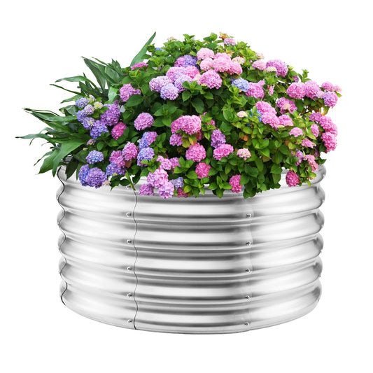 YSEJOMP 17" Tall Round Outdoor Garden Raised Garden Bed Kits-0.8MM Thick Metal Raised Planter Bed/Ground Planter Box for Variety of Flowers,Herbs,Vegetables,Trees (Silver, 32 Dia X 16.5 inches)