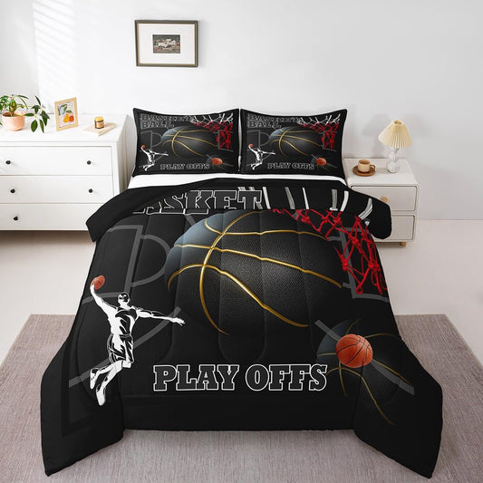 Basketball Room Bedding for Boys Sport Dunk Basketball Comforter Set Queen Size for Kids Teens, 3D Black Ball Printed Bedding Comforter Sets Sport Game Ball Theme Duvet Insert Basketball Player Quilt