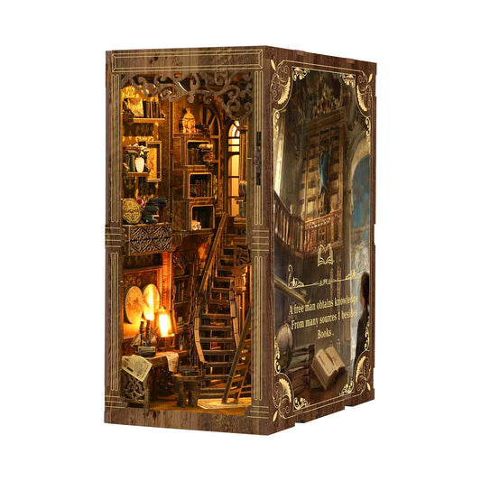 Obzergem 3D Book Nook Kit with LED Lights - Vintage Wooden Miniature Library DIY Dollhouse Building Set, Adult Teens Craft Project, Book-Shaped Room Decor, Collectible Magical Study Model