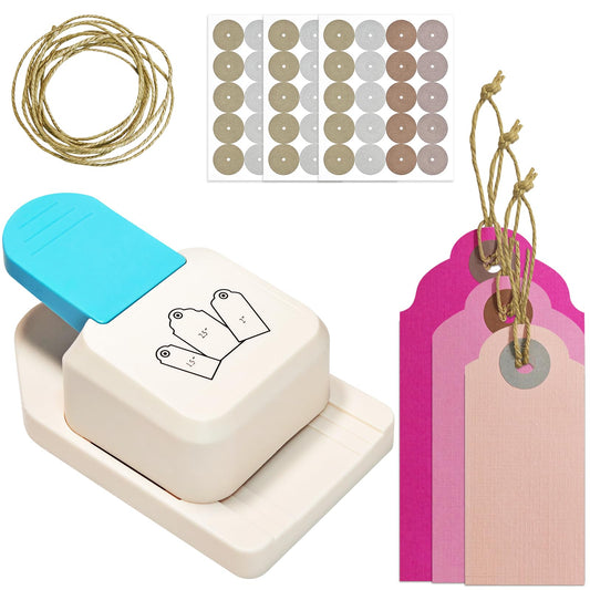 3 in 1 Tag Punch for Cardstock, 1.5/2/2.5 Inch Craft Paper Punch with 60 Sticker Reinforcement Jute String for Making Hang Tag,Price Tag