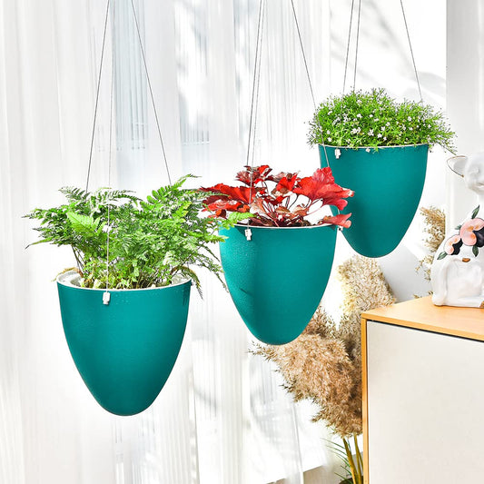 Sungmor Unique Eggshell Self Watering Hanging Planters, 3PC Modern Fashion Teal 7.2" Dia Large Waterself Hanging Pots for Plants, Indoor Outdoor Ceiling Hanging Baskets Flowerpot Wicking Planter Pots