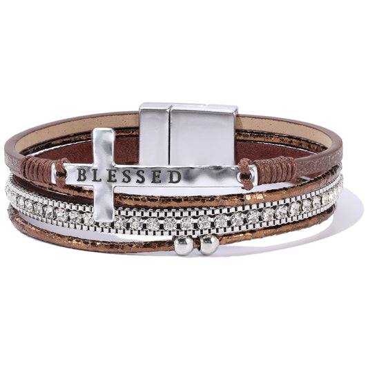 Becklynn Boho Leather Wrap Bracelets Beaded Crystal Stackable Cuff Bracelet with Magnetic Clasp Cowboy Cowgirl County Concert Outfits Western Jewelry Gifts for Women(Cross Brown)