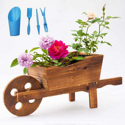 LeMall Small Wooden Planters, Planters Wooden Wagon Cart Planter Box Garden Decor Wheelbarrow Planter Ornament Succulent Planter Indoor & Outdoor Backyard Decor + 4 Potted Gadgets