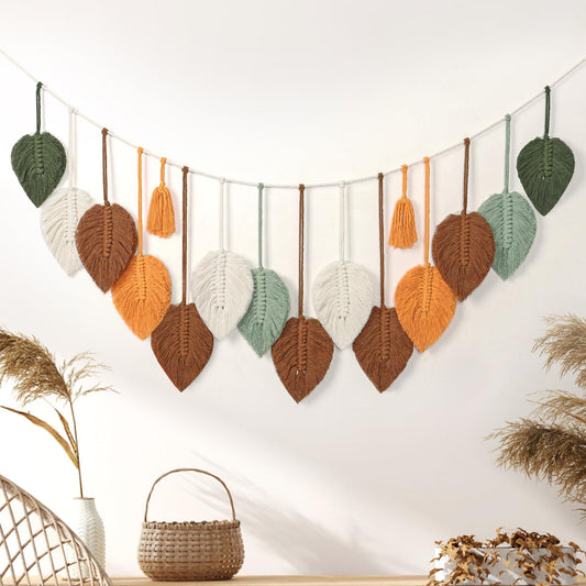 Betylifoy Macrame Wall Hanging Boho Woven Tapestry Chic Home Decor Handmade Yarn Tassels Colorful Leaf Feather Wall Hanging Tapestry Bohemian Wall Art Decorations for Nursery Bedroom Living Room Backdrop
