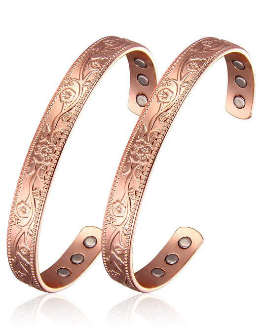 BioMag 2 Pcs Magnetic Copper Bracelet for Women, 99.99% Pure Copper Cuff Bangle with 6 Pcs 3500 Gauss Magnets, Adjustable Size, Floral Vine Design