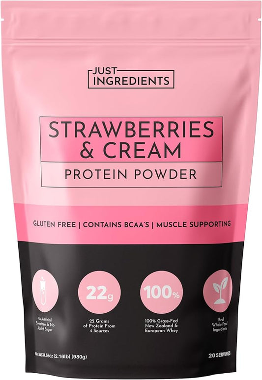 JUST INGREDIENTS Strawberries & Cream Protein Powder ??20-Serving Blend with 100% Grass-Fed Whey & Organic Plant Proteins ??Real Strawberry Flavor ??Supports Muscle Recovery, Energy*