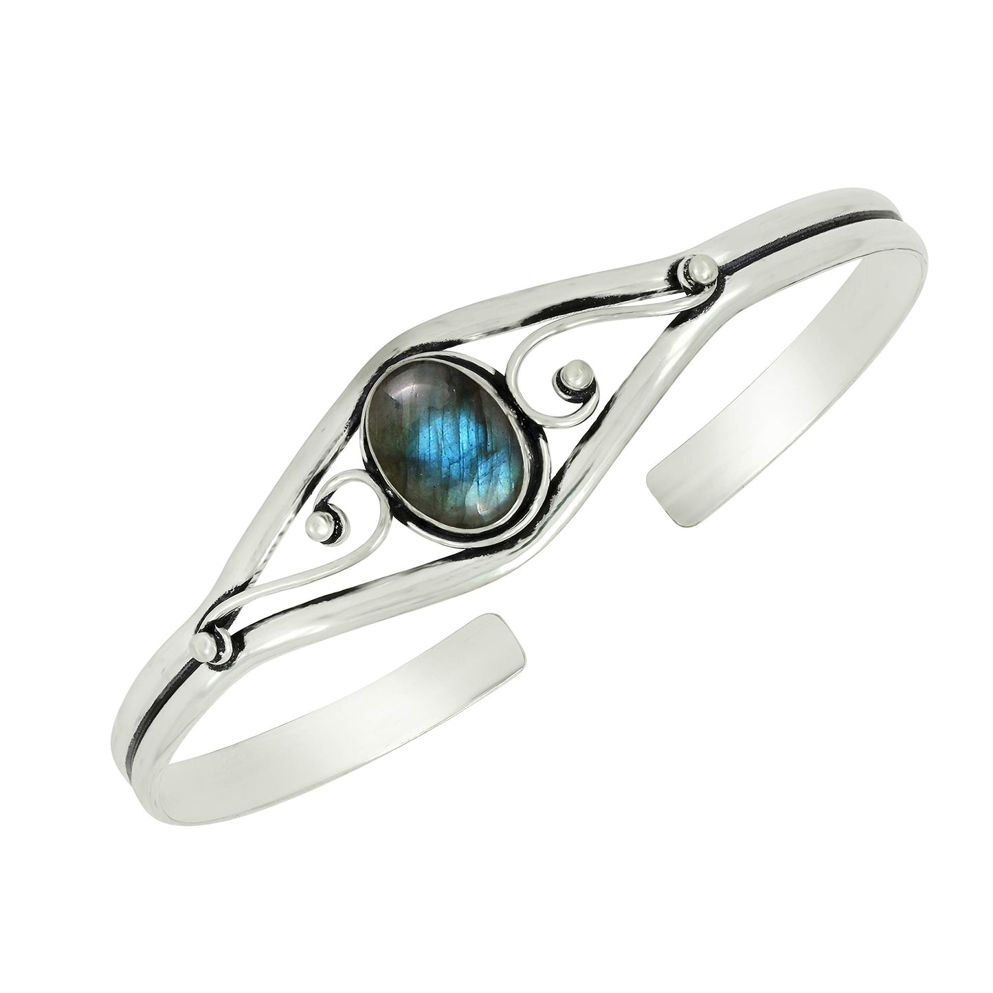 925 Silver Plated Natural Labradorite Cuff Bangle Bracelet for Women – Handmade Open Bangle – Green Blue Fire Gemstone Statement Jewelry – Gift for Her