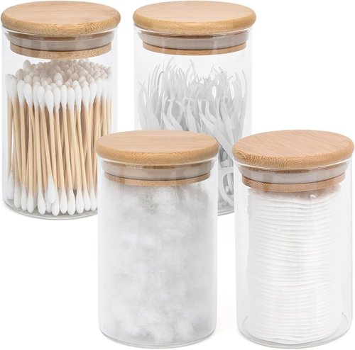 BKYFPQ Glass Qtip Holder Dispenser Set - 4 Apothecary Jars with Lids for Makeup & Bathroom Storage