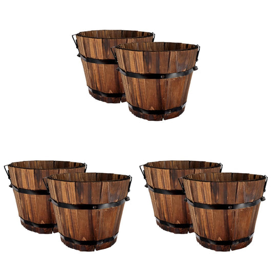 GANAZONO Wooden Whiskey Barrel Planter 6-Pack Round Outdoor Garden Flower Pots Rustic Wood Planters for Patio Lawn Decor 10.5 Inch Diameter