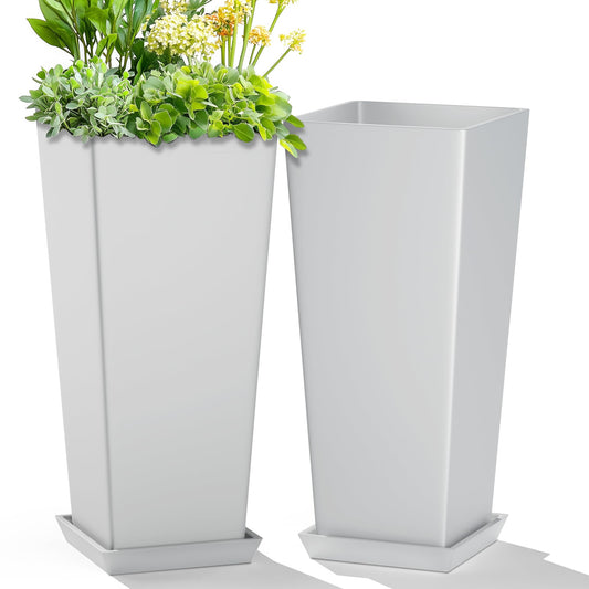 ART DEMO 23.6" Tall Outdoor Planters Large Tall Planter for Indoor or Outdoor, Set of 2 Tapered Square Flower Pots with Tray for Porch, Patio, Backyard(White)