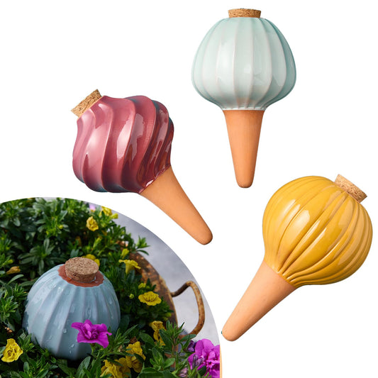Modern Sprout Terracotta Self Watering Bulbs for Indoor Plants, 10oz Plant Watering Globes 3 Pack, Glazed Finish with Cork Top - Plum, Sage & Mustard, Decorative Plant Accessories Gift for Mom,Grandma