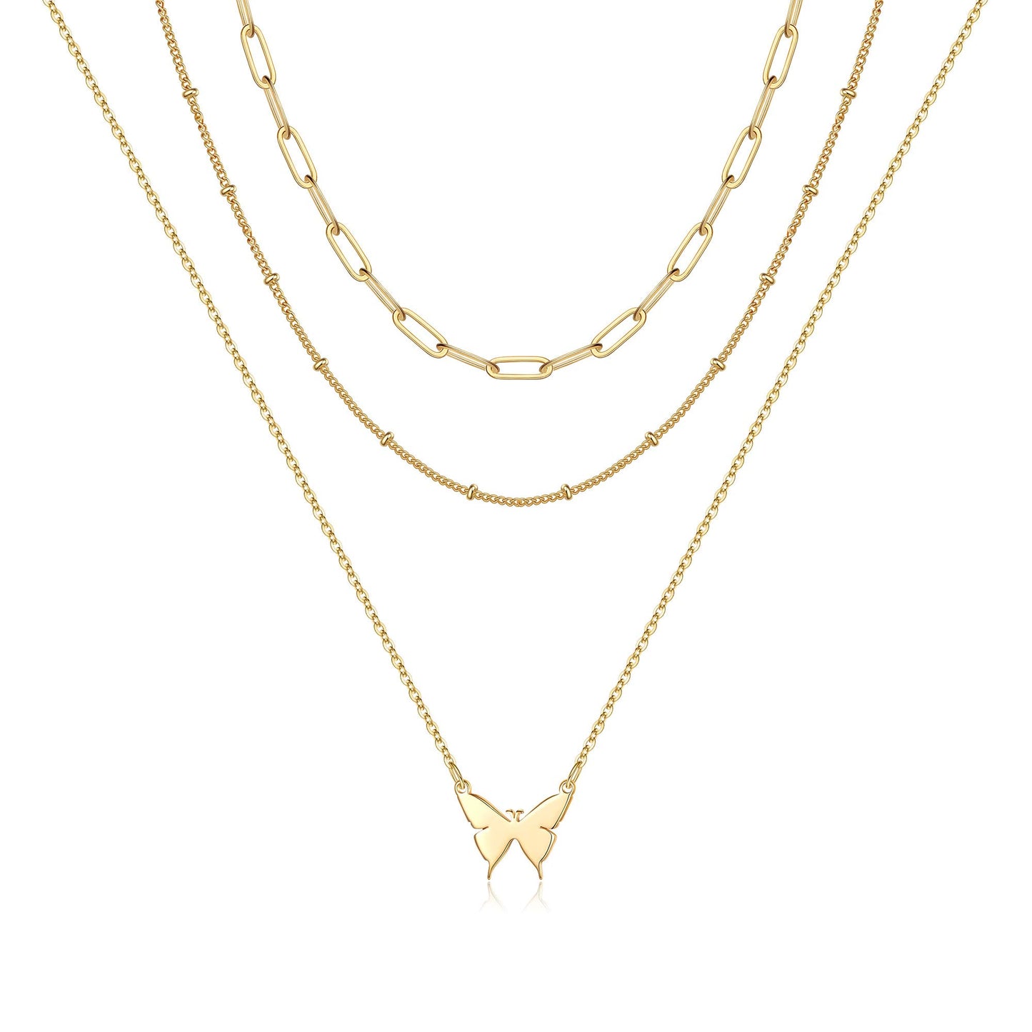 Turandoss Layered Butterfly Necklace for Women, 14K Layered Butterfly Necklace for Women Layering Butterfly Link Chain Necklaces