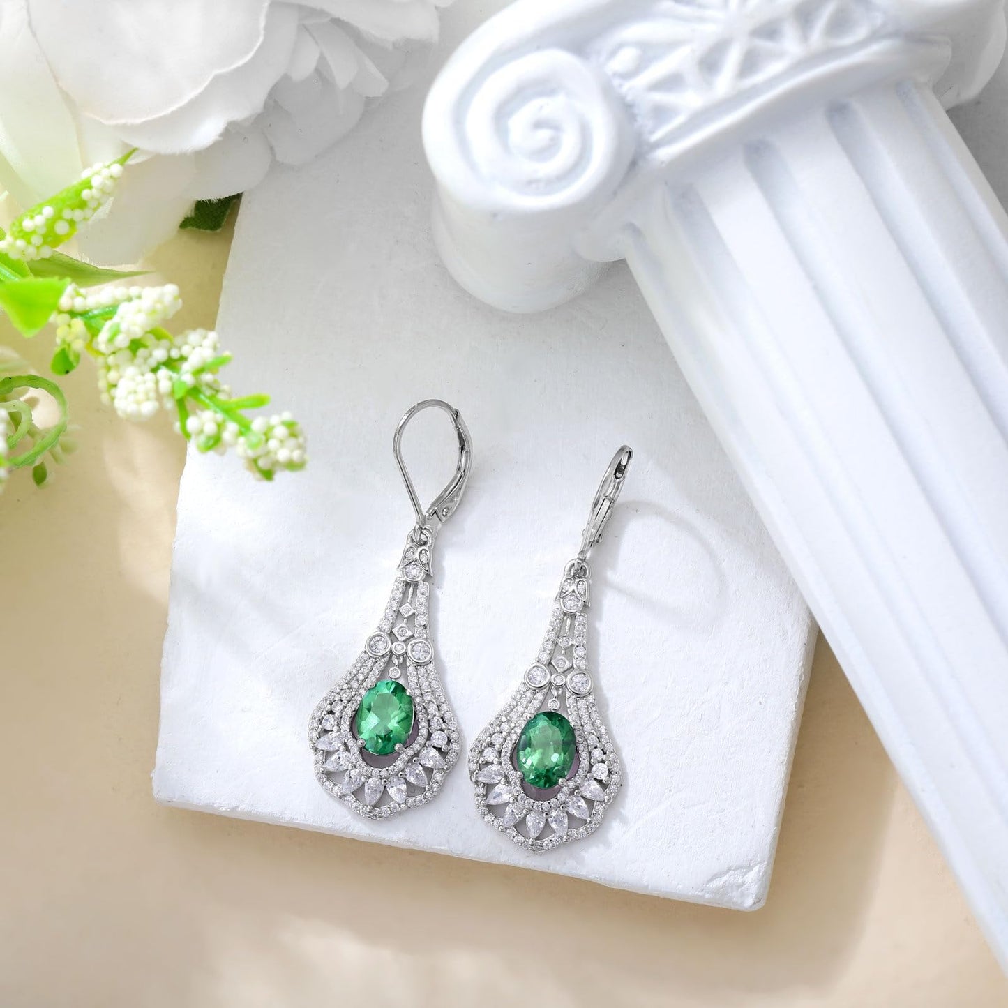Lvoryance 1.5CT Created Emerald Earrings 925 Sterling Silver 6mm * 8mm Oval Cut May Birthstone Drop Earrings for Women