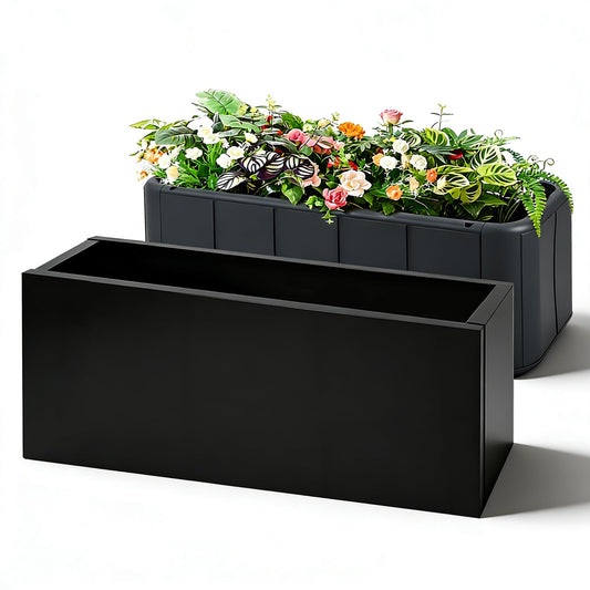 AILOOCEDI Metal Planter Box with Wheel, Outdoor/Indoor Rectangular Trough Garden Bed Drainage Holes & Raised Bottom for Patio Porch Yard Lawn 33" L x 12.4" W x 14" H