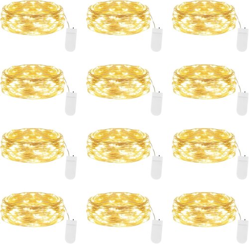 Lakumu Fairy Lights - 12-Pack Battery Operated 7FT Waterproof Silver Wire LED String Lights | Warm White for DIY Decor