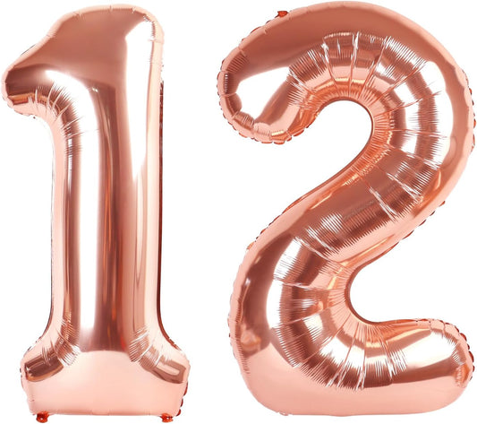 Rose Gold 12 Number Balloons - 40 Inch Birthday Decorations for Boys & Girls | Perfect for Engagements & Anniversaries