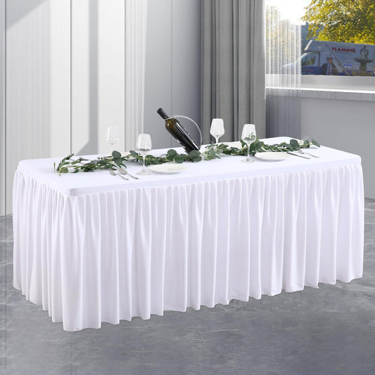 Party Talk White Polyester Table Clothes for 4 Foot Rectangle Tables, Wrinkle Free Fitted Table Cover 4ft Stretch Tablecloths with Skirt for Parties Weddings Birthday Banquet Baby Shower