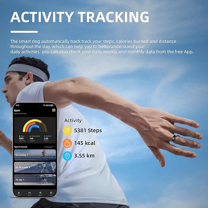 Smart Ring for Women Men, Health Fitness Tracker, 10ATM Waterproof Ring for iOS and Android, No Subscription Fee (Black, 10)
