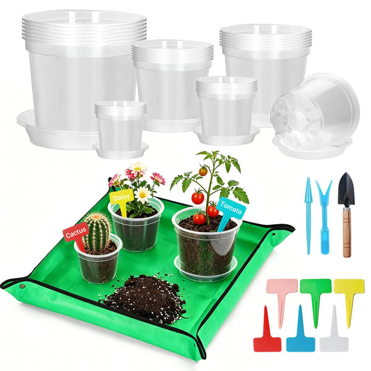 3/4/5/6/7 Inch Clear Plastic Nursery Pots with Drainage Holes and Saucers, 30Pcs Seedling Starter Flower Pots with Repotting Mat, Plant Labels and Tools Sets for Flower Herb, Succulent Transplanting